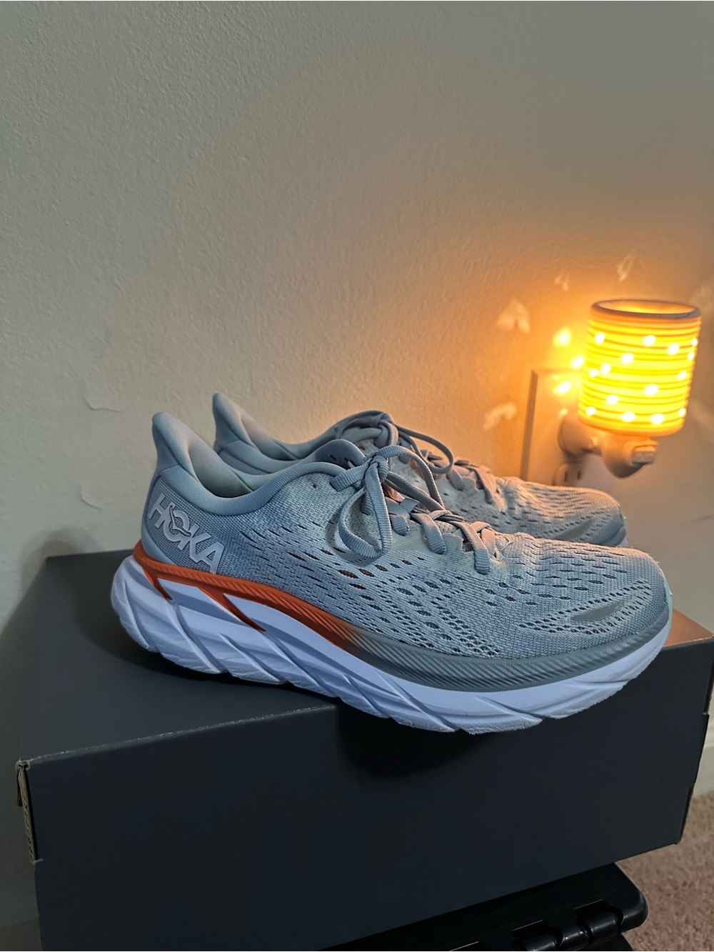Hoka Clifton 8 Women’s Blue and Orange Cushioned Running Sneakers 6B